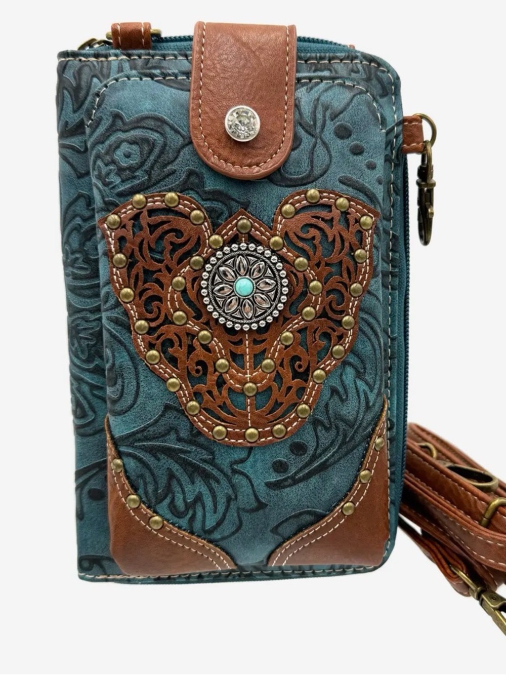 Teal and Brown Tooled Leather Wristlet Clutch with Concho Accent